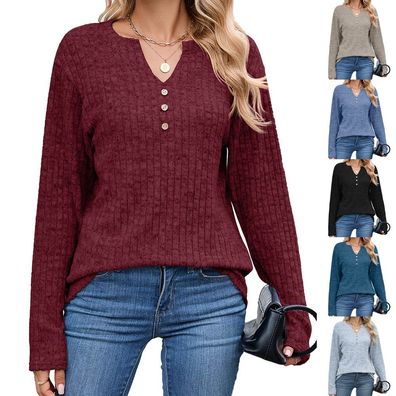 ubergrobe Damen Pullover mit V-Ausschnitt und geripptem Strick