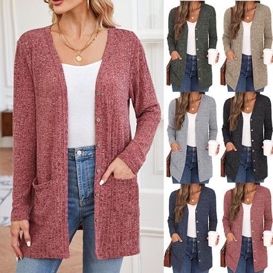 Damen Langarm Casual Strickjacke Urlaub Knopftasche Tops Pullover Mantel