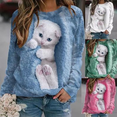 Damen Langarm 3D Druck Katze T-Shirt Damen Casual Baggy Pullover Tops Bluse