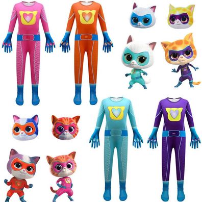 Kinder Kostum Super Kitties Cosplay Jumpsuit Maske Karneval Party Outfit Set DE