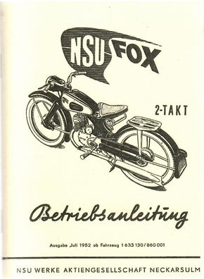 Betriebsanleitung NSU Fox 2-Takt, 125 ccm, Motorrad, Zweirad, Oldtimer, Klassiker