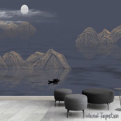 Vlies Fototapete Wandtapete Wandbilder Abstrakte Goldene Linie Landschaft 3535