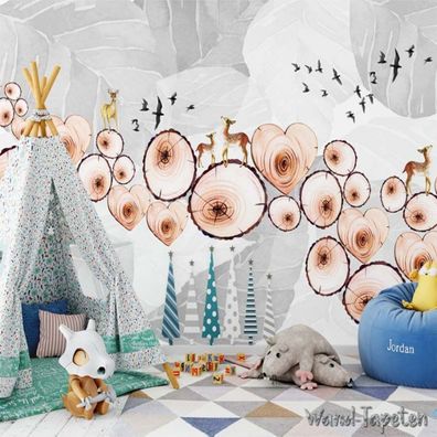 Vlies Fototapete Wandtapete Wandbilder Handgemalte Jahresringe Hirsche 3594