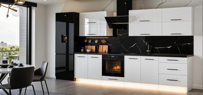 Küchenzeile EMMA 280cm Weiß Hochglanz-ABS Kanten-MDF-VOLLAUSZUG-Einbauküche 2,8m