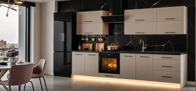 Küchenzeile EMMA 280cm Puderrosa Matt-ABS Kanten-VOLLAUSZUG-Einbauküche 2,8m