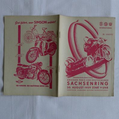 DDR Oldtimer ADMV Rennsport Programmheft Sachsenring 1959 Prospekt