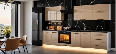 Küchenzeile EMMA 280cm Cappuccino Hochglanz-ABS Kanten-VOLLAUSZUG- 2,8m Beige