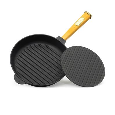 28cm Grillpfanne Gusseisen mit Pressdeckel Induktion Holzgriff Bratpfanne Pfanne