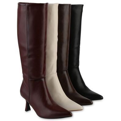 VAN HILL Damen Klassische Stiefel Spitze Basic Stiletto Leder-Optik Schuhe 841811
