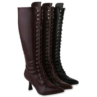 VAN HILL Damen Schnürstiefel Stiefel Spitze Stiletto Basic Schuhe 841846