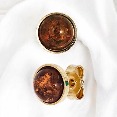 Ohrstecker rund 333 Gold Gelbgold 2 Bernsteine orange Ohrringe Bernsteinohrringe