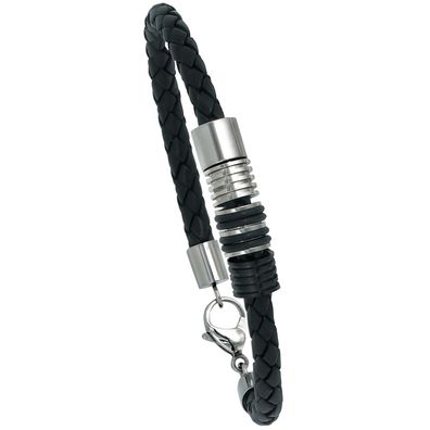 Armband Leder schwarz mit Edelstahl und Kautschuk 21 cm Lederarmband