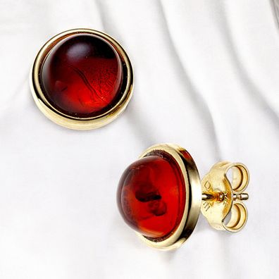 Ohrstecker rund 375 Gold Gelbgold 2 Bernsteine orange Ohrringe