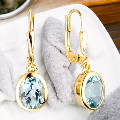 Boutons oval 333 Gold Gelbgold 2 Blautopase hellblau blau Ohrringe Ohrhänger