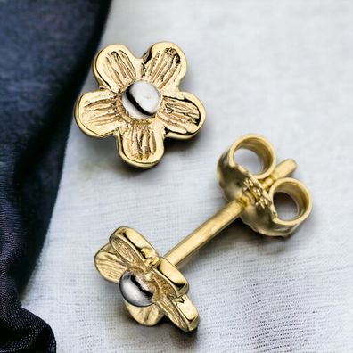 Ohrstecker Blume 333 Gold Gelbgold matt bicolor Ohrringe Goldohrstecker
