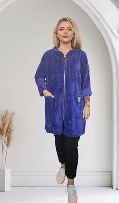 Italy Cordjacke Jacke lang Kapuze Taschen Reißverschluss langarm Viskose Blau
