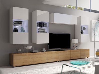 Wohnwand Calabrini-5 Wohnzimmer-Set Hängewohnwand Anbauwand Hochglanz Modern LED