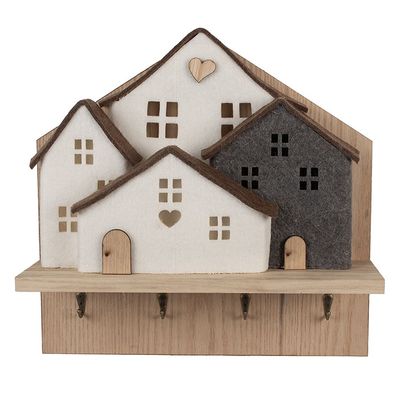 Clayre & Eef Wandgarderobe 4 Haken Haus 40x13x40 cm Braun Weiß Holz (Gr. 40x13x40 cm)