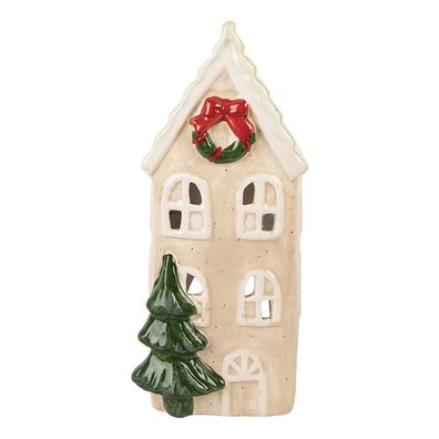 Clayre & Eef Teelichthalter Haus 9x8x20 cm Beige Keramik (Gr. 9x8x20 cm)