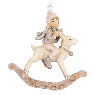 Clayre & Eef Weihnachtsanhänger Schaukelpferd 8x3x9 cm Beige Rosa Kunststoff