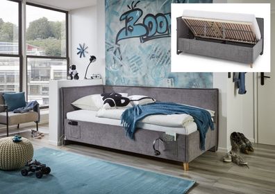 Polsterbett in 3 Größen Lattenrost Rückenteil Bettkasten USB Jugendbett Grau