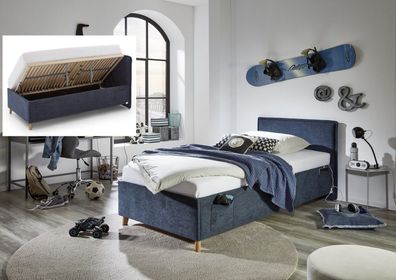 Polsterbett mit Bettkasten Lattenrost 3 Größen Jugendbett USB-Anschluss Blau