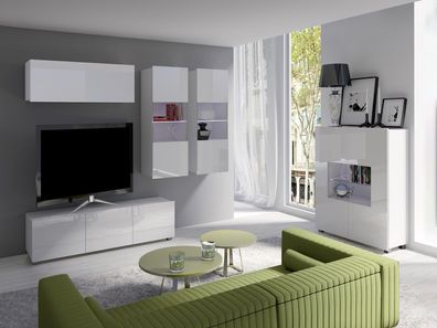 Wohnzimmer-Set Calabrini-6 Wohnwand Hängewohnwand Anbauwand Hochglanz Modern LED