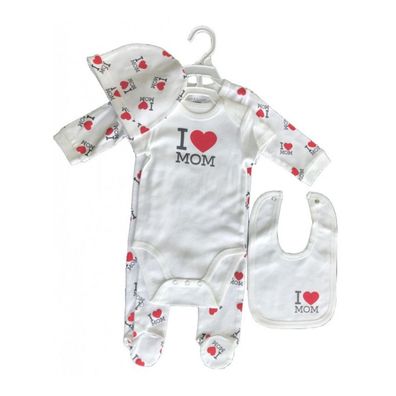 4-teiliges Baby-Bekleidungs-Set 'I Love MOM' | Body, Strampler, Mütze, Lätzchen