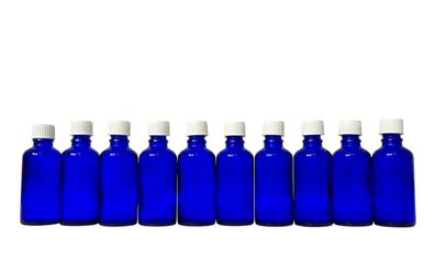 10 x Blauglas Flasche je 50 ml mit DIN18 Gewinde & Deckel