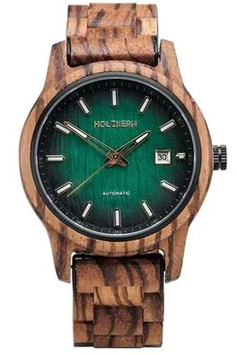 Holzkern Herren-Armbanduhr Automatik Nightbird Zebrano/Grün