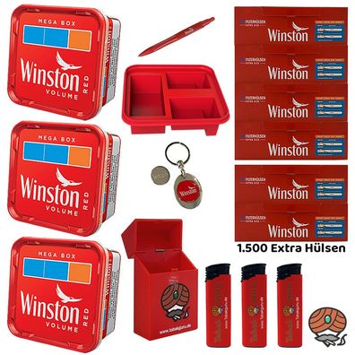 Winston Red/Rot Tabak Mega Box 3x 120g, Extra Hülsen, Schlüsselanhänger, Kulli