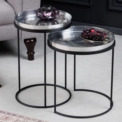 2er Set Beistelltisch Martello schwarz silber abnehmbare Tabletts Hammerschlag
