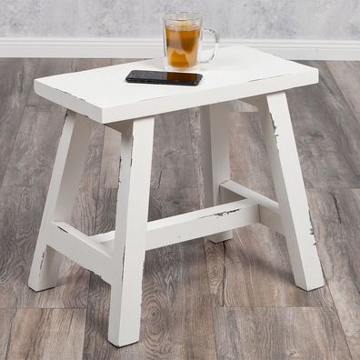 Hocker RANCH 50cm Antik-Weiß Mahagony Holzhocker Beistelltisch Sitzhocker