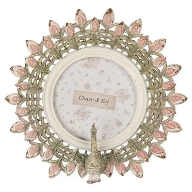 Clayre & Eef Bilderrahmen Pfau Ø 8 cm Rosa Kunststoff (Gr. 14x3x14 cm / Ø 8 cm)