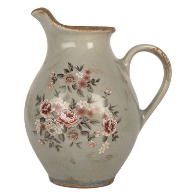 Clayre & Eef Dekorative Kanne 21x16x24 cm Grau Keramik Blumen (Gr. 21x16x24 cm)