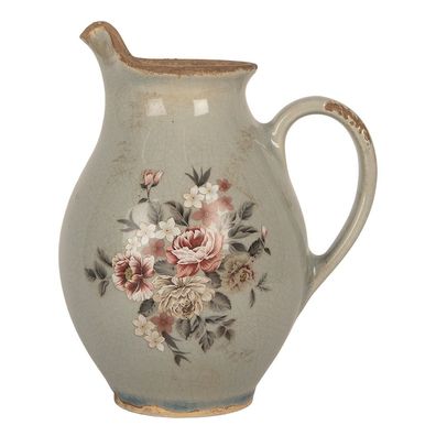 Clayre & Eef Dekorative Kanne 16x12x18 cm Grau Keramik Blumen (Gr. 16x12x18 cm)
