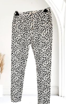 Jewelly Stretch Jeans Hose Röhre Leoprint Lurexfaden Knöpfe Schwarz Weiß