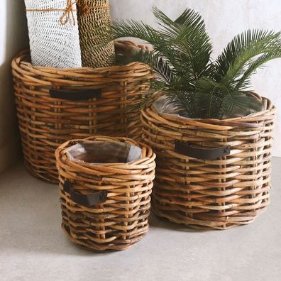 Dickes CL Rattan Pflanzkorb Cestino natural ca. D50cm Ledergriffe Korb Handarbeit
