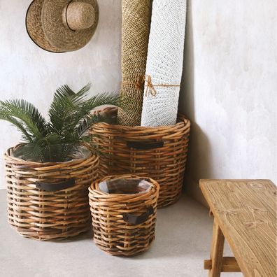 Dickes CL Rattan Pflanzkorb Cestino natural ca. D65cm Ledergriffe Korb Handarbeit