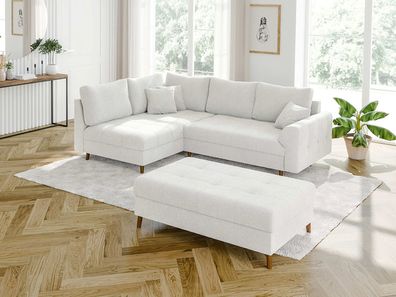 Lars - Ecksofa mit Schlaffunktion und Hocker mit Braun Holzfüßen