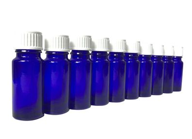 10 x Blauglas-Flasche zu je 10 ml mit DIN18 Gewinde & Deckel
