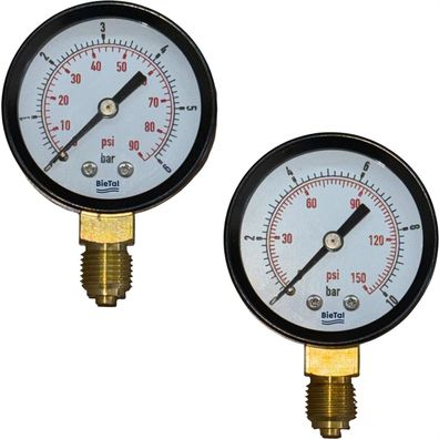 BieTal® Arbeitsmanometer Manometer 50mm mit 1/4 Zoll Gewinde Anzeige 0-6/10 bar