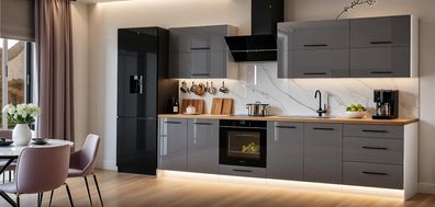 Küchenzeile EMMA 280 cm-Grau Hochglanz-ABS Kanten-MDF-VOLLAUSZUG-Einbauküche 2,8m