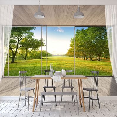 Vlies Fototapete Wandtapete Wandbilder 3D Fenster Prärie Landschaft Bäume 1387