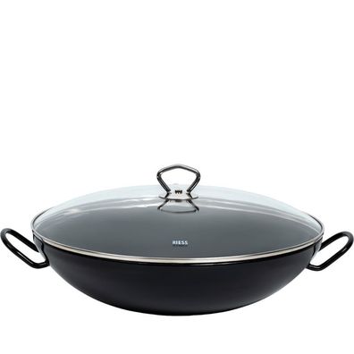 Riess Wok avec couvercle en verre Ø36cm poêle à servir avec deux poignées émail noir