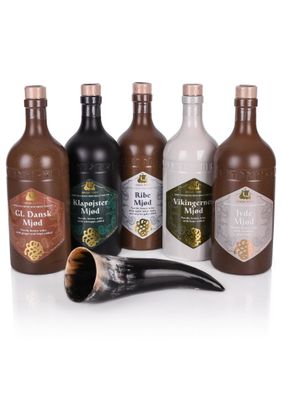 Dansk Mjød - Probierpaket 2 - 5 x 0,75l Met plus Trinkhorn 0,2l