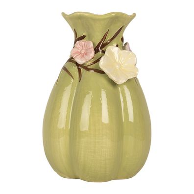 Clayre & Eef Vase Ø 14x21 cm Grün Keramik Blumen (Gr. Ø 14x21 cm)