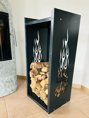 Kaminholzregal Innen Metall "Feuerblick" mit Lagerfeuer Motiv