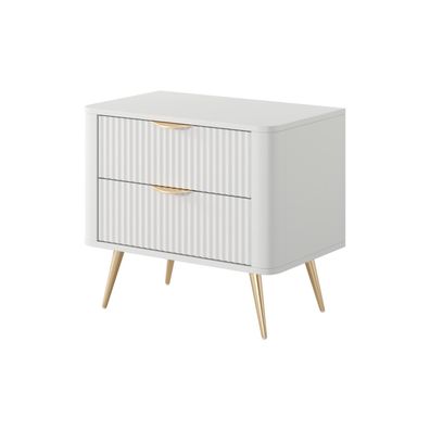 BETTSO Weißer Nachttisch LANTE - 2 Schubladen, geriffelte Fronten