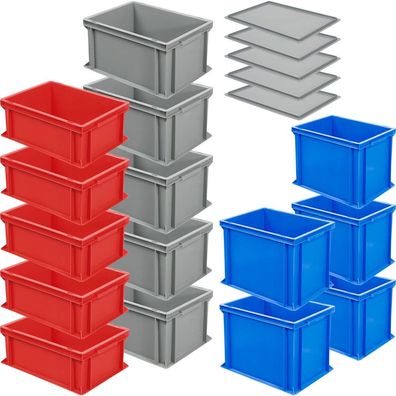 15x Stapelbox, 3 Größen/ Farben, LxB 400 x 300 mm + 5x Auflagedeckel GRATIS!
